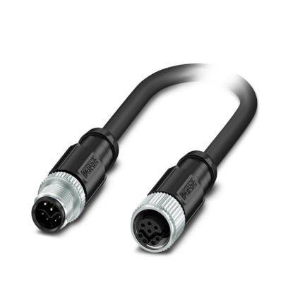 Ein schwarzes und silbernes kreisförmiges Kabel mit Anschlüssen an beiden Enden, konstruiert für industrielle oder elektronische Verwendung.