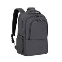 Dunkelgrauer Rucksack mit mehreren Reißverschlussfächern und Seitentaschen auf weißem Hintergrund.