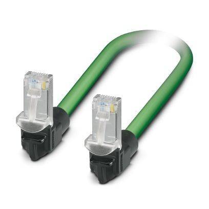 Grünes Ethernet-Kabel mit zwei Anschlüssen in U-Form, geeignet für Netzwerkverbindungen.