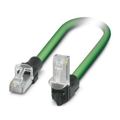 Ein grünes Netzwerkkabel mit transparenten RJ45-Steckern an beiden Enden, verwendet für Ethernet-Verbindungen.
