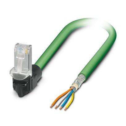 Ein grünes Kabel mit einem schwarzen Stecker an einem Ende und freiliegenden Drähten am anderen Ende, das für Verbindungen in industriellen oder elektronischen Geräten verwendet wird.