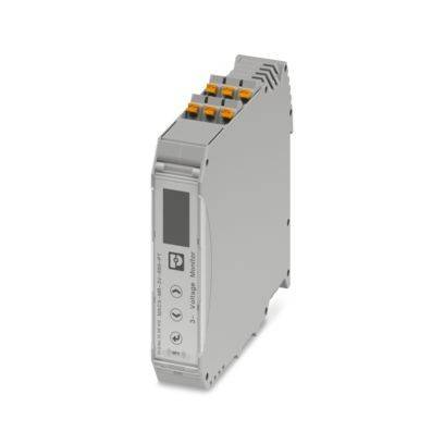 Ein kompaktes Industriegerät mit schmalem, grauem Gehäuse und orangen Anschlüssen, wahrscheinlich für Steuerungs- oder Messsysteme in Automatisierungsanwendungen.