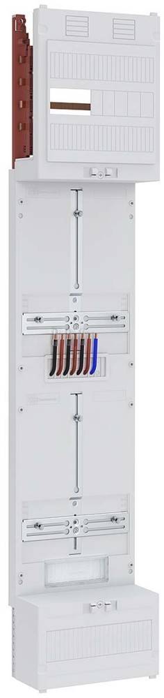 Ein weißes Elektroverteilerkästen mit mehreren farbigen Kabeln (schwarz, braun, rot und blau), die in einer Reihe am unteren Mittelbereich verbunden sind.