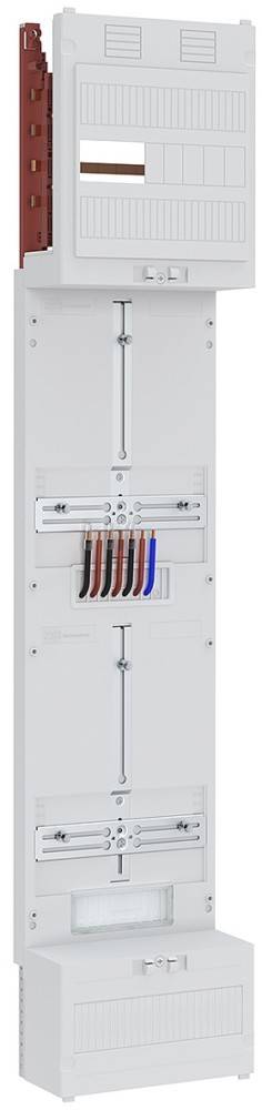 Eine weiße Elektrotafel mit vertikalen Schlitzen, in denen sechs farbige Kabel untergebracht sind: drei schwarze, zwei braune und ein blaues Kabel, von links nach rechts angeordnet.