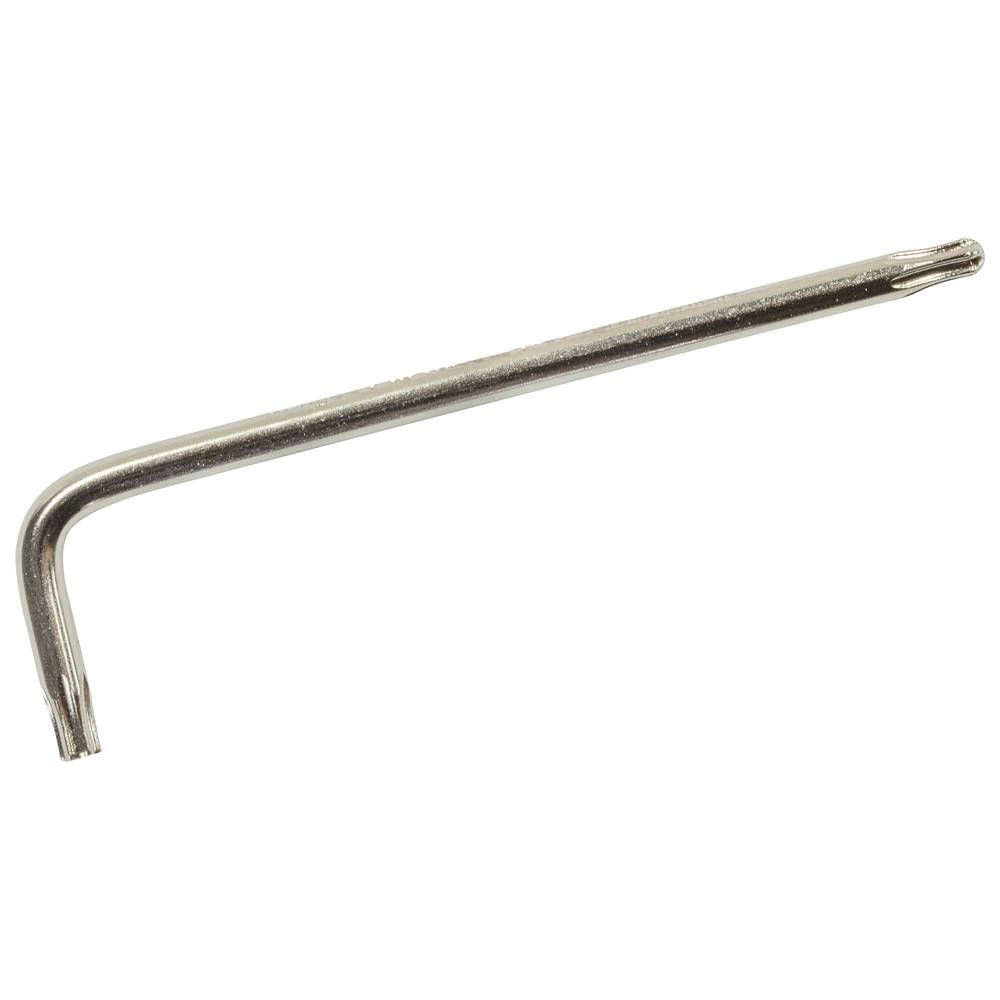 Ein glänzender, L-förmiger Torx-Schlüssel mit sternförmiger Spitze, der zum Antreiben von Schrauben mit entsprechenden Köpfen verwendet wird.