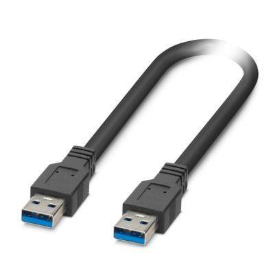 Ein schwarzes USB 3.0-Kabel mit blauen Steckern an beiden Enden, das für die Hochgeschwindigkeitsdatenübertragung zwischen Geräten verwendet wird.