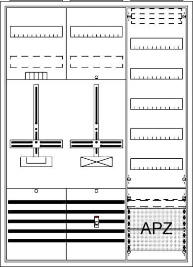 Elektrisches Schaltschema, das zwei parallele Strukturkomponenten mit vertikalen und horizontalen Linien, beschrifteten Abschnitten und Rastermustern zeigt.