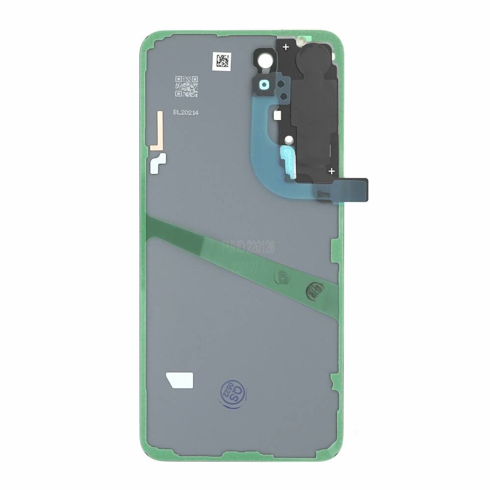 Das Bild zeigt die Innenansicht der Rückseite eines Smartphones mit Klebeschicht, Steckverbindern und Bauteilen für die Montage.