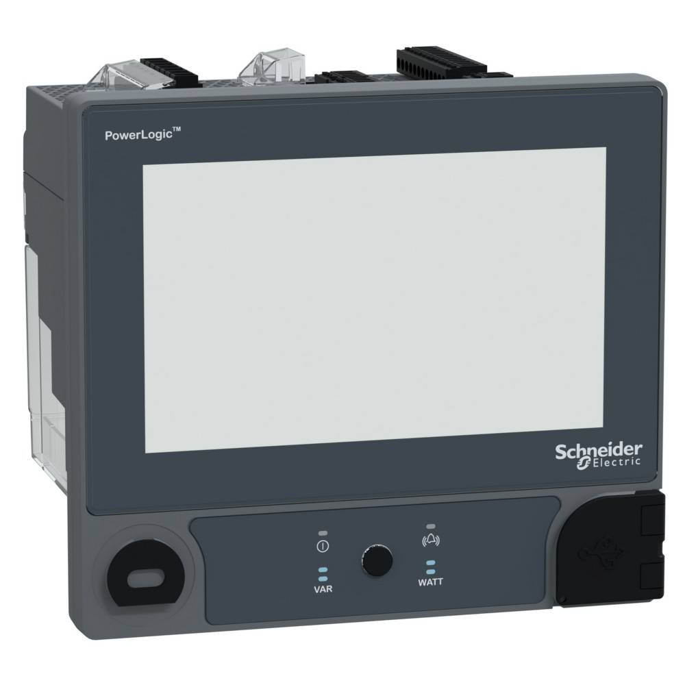 Ein graues Schneider Electric PowerLogic-Gerät mit einem Bildschirm, Tasten mit den Beschriftungen „VAR