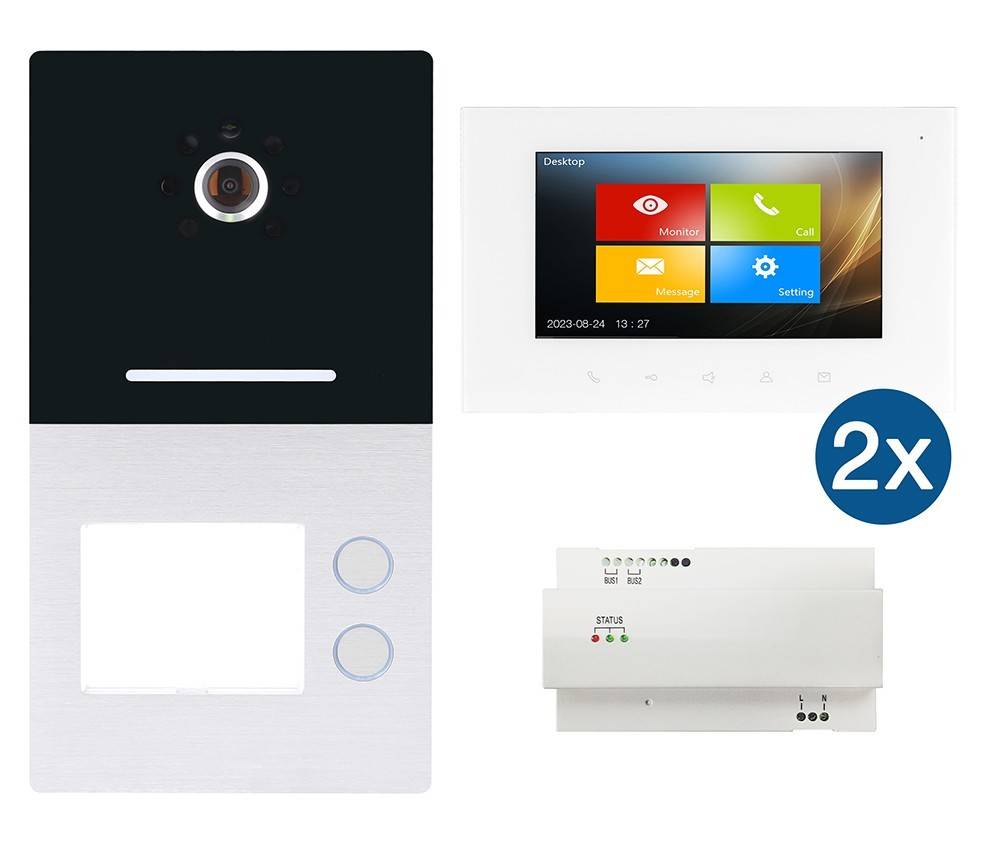 Gegensprechanlage mit Kamera und Touchscreen für Gebäudeeingänge. Einschließlich Hardwarekomponenten, Stromversorgung und zwei dargestellte Geräte.