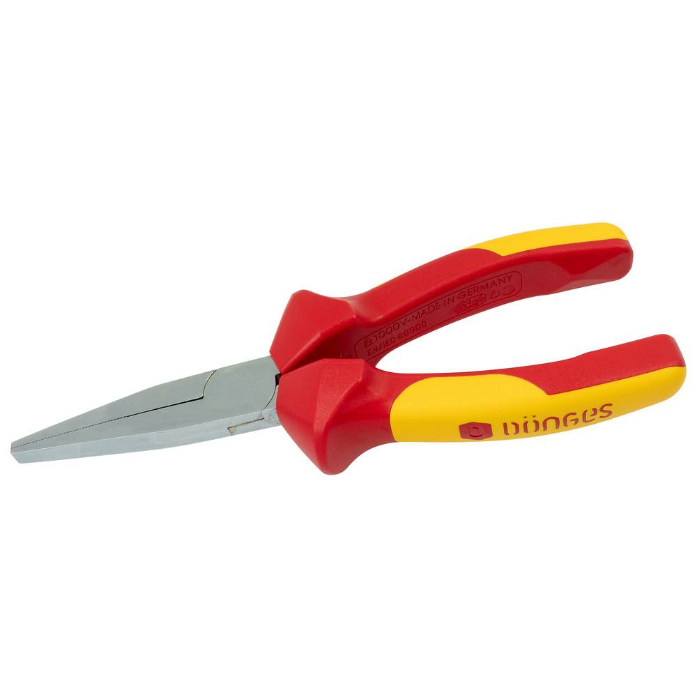 Rote und gelbe Langspitzzange mit Metallbacken, entwickelt zum Greifen und Schneiden bei elektrischen und Präzisionsarbeiten.