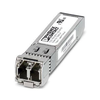 Metallischer Phoenix Contact SFP-Transceiver-Modul mit Ethernet-Port-Stecker auf weißem Hintergrund.