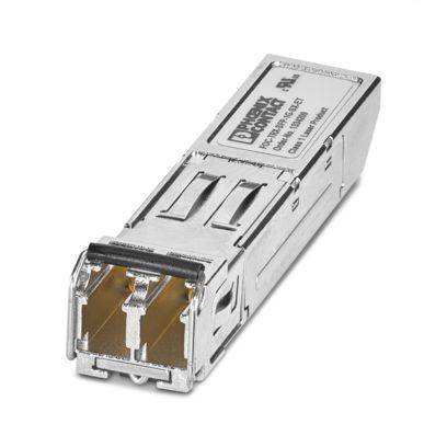 Ein Metall-SFP-Transceiver-Modul mit zwei Glasfaseranschlüssen, verwendet für die Datenübertragung in Netzwerkgeräten.