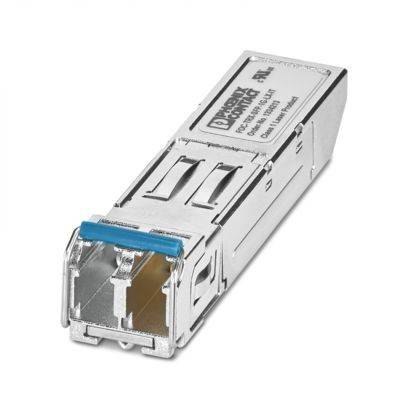 SFP-Modul mit Phoenix Contact Logo, für Netzwerkanwendungen konzipiert, silbernes Gehäuse und blauer Verschluss für einfaches Einsetzen und Entfernen.