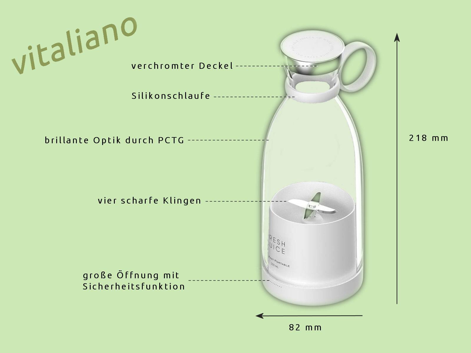 vitaliano Mixer Smoothie Maker to go, 350 ml, deutsche Anleitung, kabellos tragbar in Flaschenform & USB Ladestation für