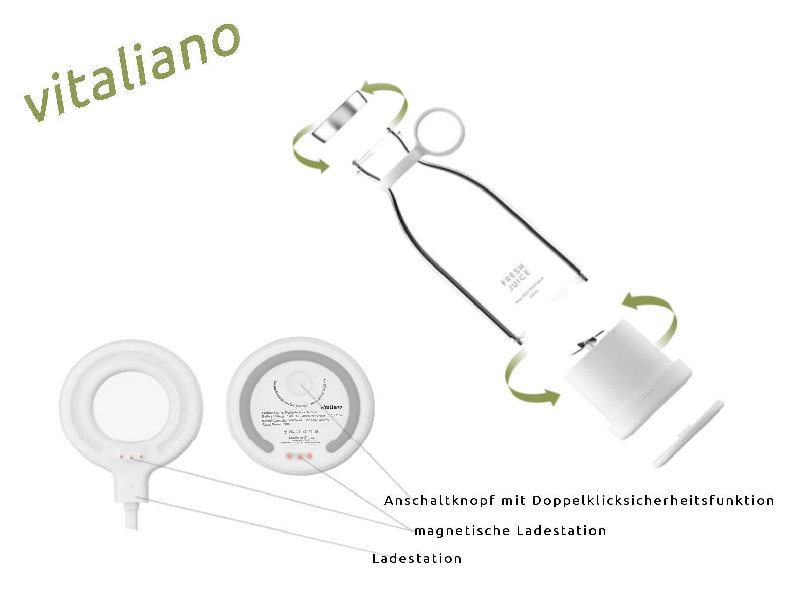vitaliano Mixer Smoothie Maker to go, 350 ml, deutsche Anleitung, kabellos tragbar in Flaschenform & USB Ladestation für