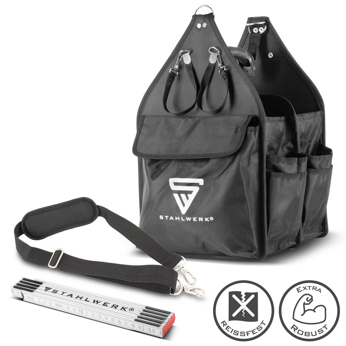 STAHLWERK Werkzeugtasche mit 11 Außentaschen und 2 großen Innenfächern