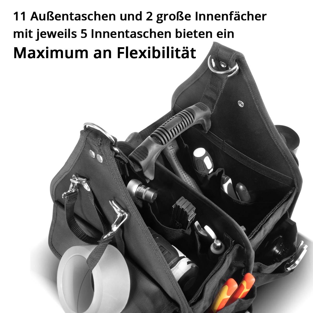 STAHLWERK Werkzeugtasche mit 11 Außentaschen und 2 großen Innenfächern