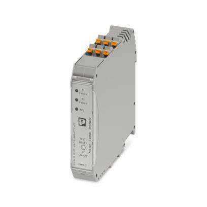 Ein graues elektronisches Gerät mit mehreren Anschlüssen oben, beschriftet als Relaismodul. Die Frontplatte verfügt über Statusanzeigen und Text.