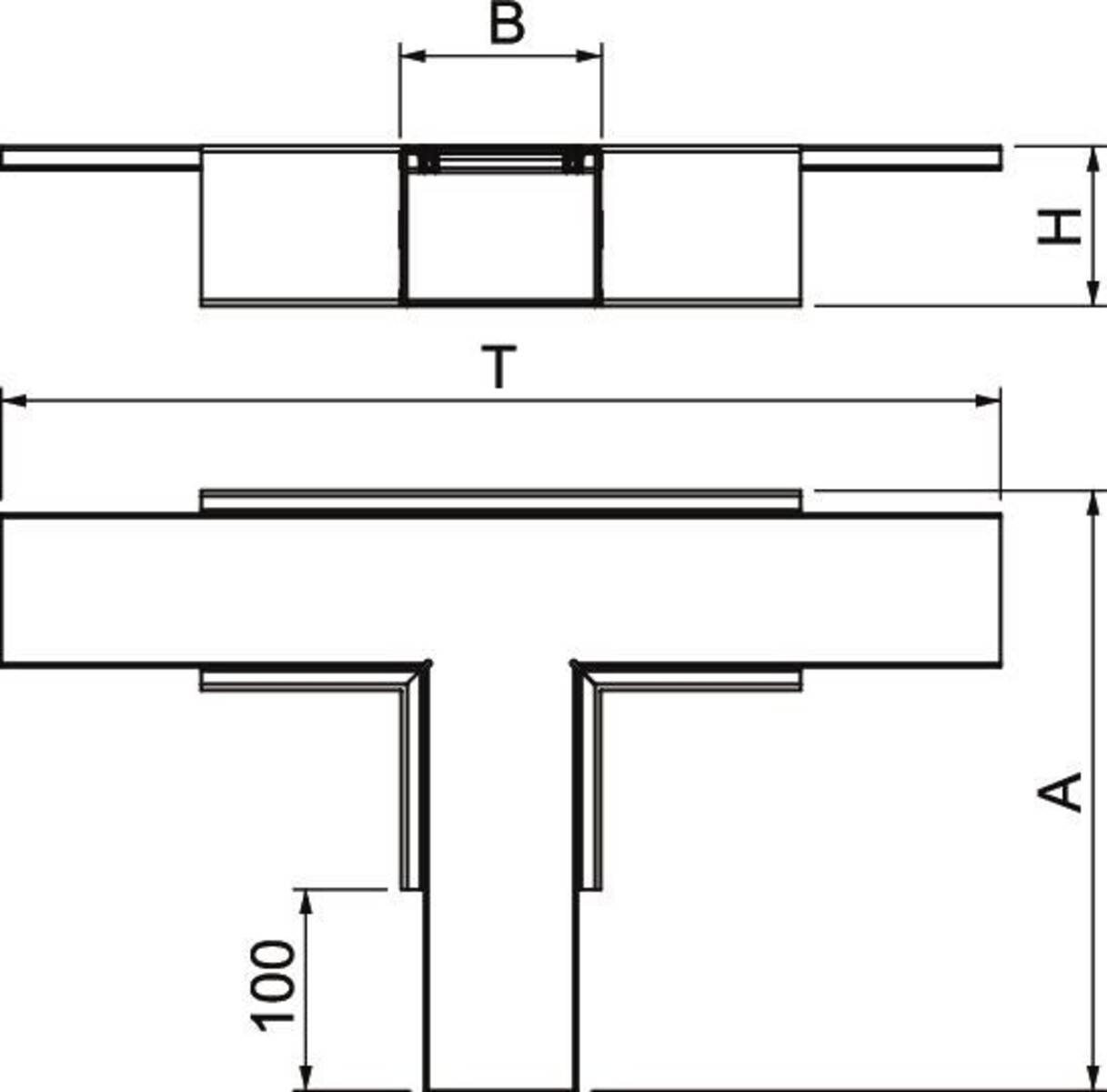Eine technische Zeichnung eines T-förmigen Objekts mit beschrifteten Abmessungen: 'T' und 'B' für Breite, 'H' und 'A' für Höhe und '100' für eine Segmenthöhe.