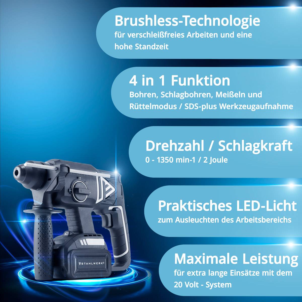 STAHLWERK Akku Bohrhammer ABH-20ST Brushless 20V/4Ah 0 - 1350 min-1 SDS-plus
