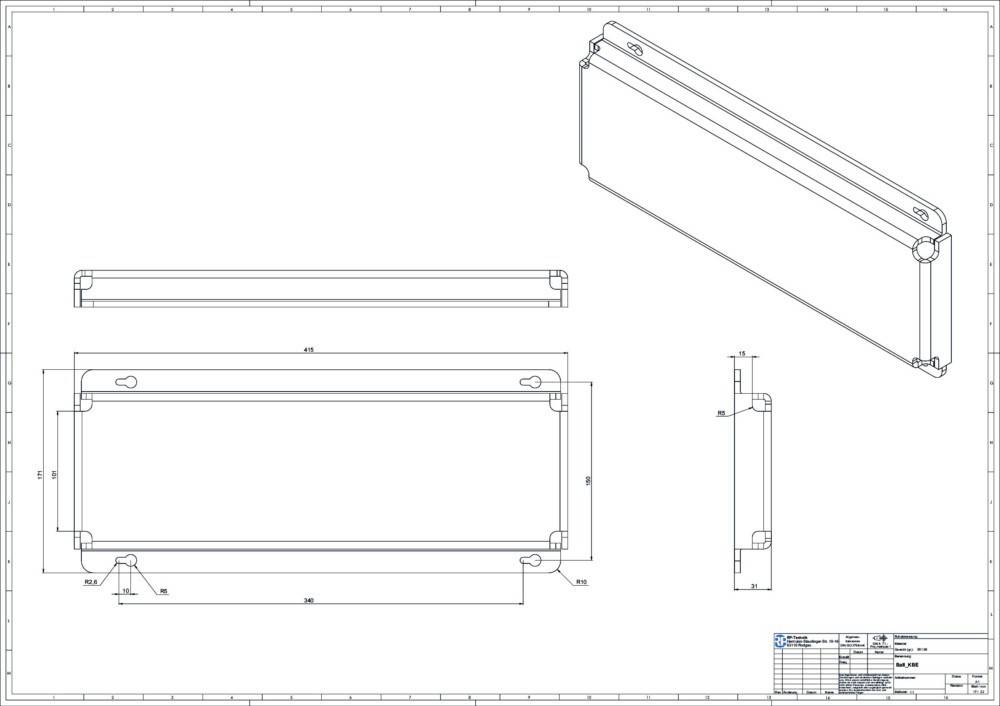 Technische Zeichnung zur Darstellung der Abmessungen und Konstruktion einer Metallhalterung mit Ober-, Vorder- und Seitenansicht, einschließlich detaillierter Maßangaben.