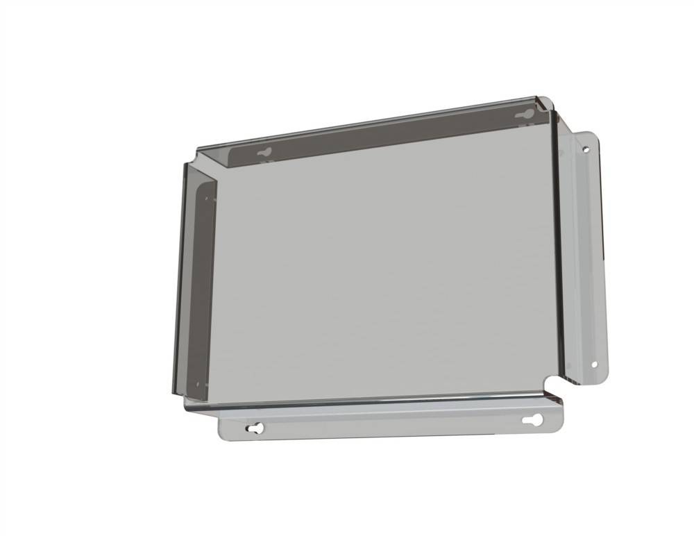 Metallische Montageklammer mit rechteckiger Form und mehreren vorgebohrten Löchern an den Seiten und der Basis für vielseitige Installationsmöglichkeiten.