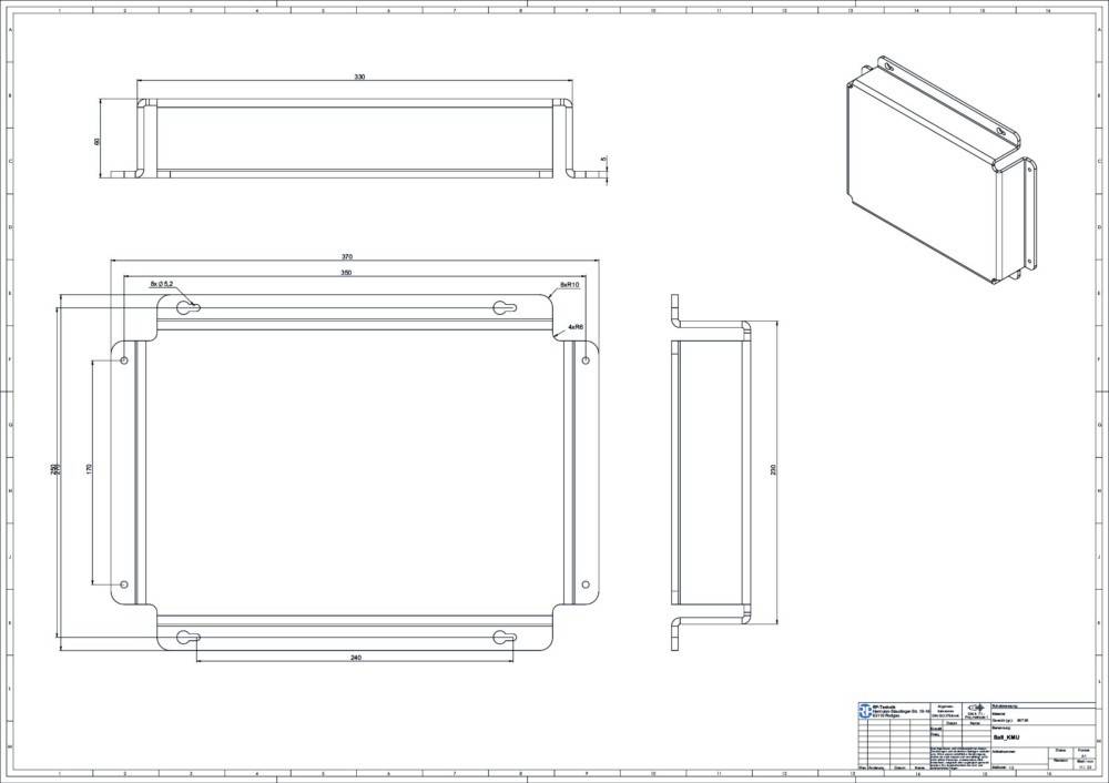 Technische Zeichnung eines rechteckigen Metallrahmens mit detaillierten Maßangaben, mit verschiedenen Ansichten einschließlich Draufsicht, Seitenansicht und Frontansicht.