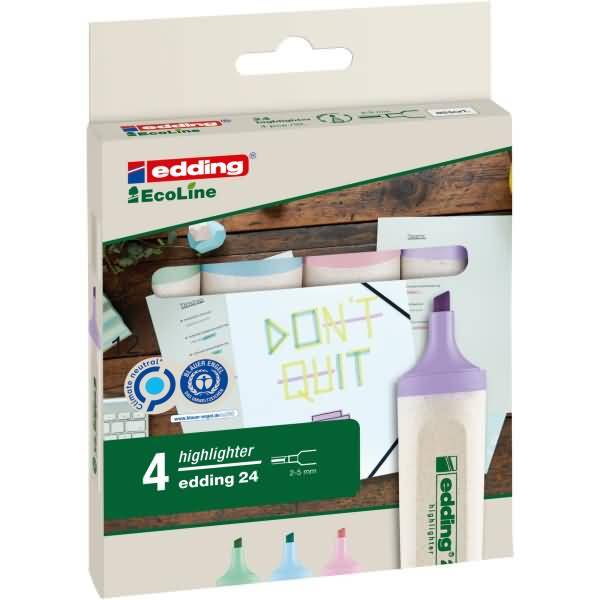 Verpackung für edding EcoLine Textmarker, 4er-Pack, mit Pastellmarkerfarben und einer Beispielanwendung 'NICHT AUFGEBEN'.