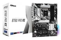 ASRock B760 Pro RS Motherboard neben seiner Produktbox, die das silber-schwarze Design des Boards und das Intel B760 Chipsatz-Branding hervorhebt.