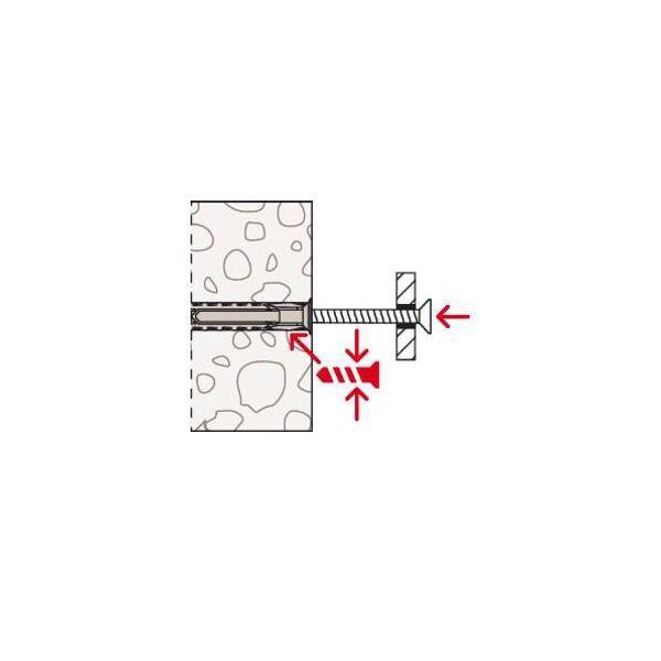 Diagramm einer Wandverankerung im Mauerwerk, das eine in eine eingefügte Hülse geschraubte Schraube zeigt, mit Pfeilen, die die Ausdehnung andeuten, um die Befestigung zu sichern.