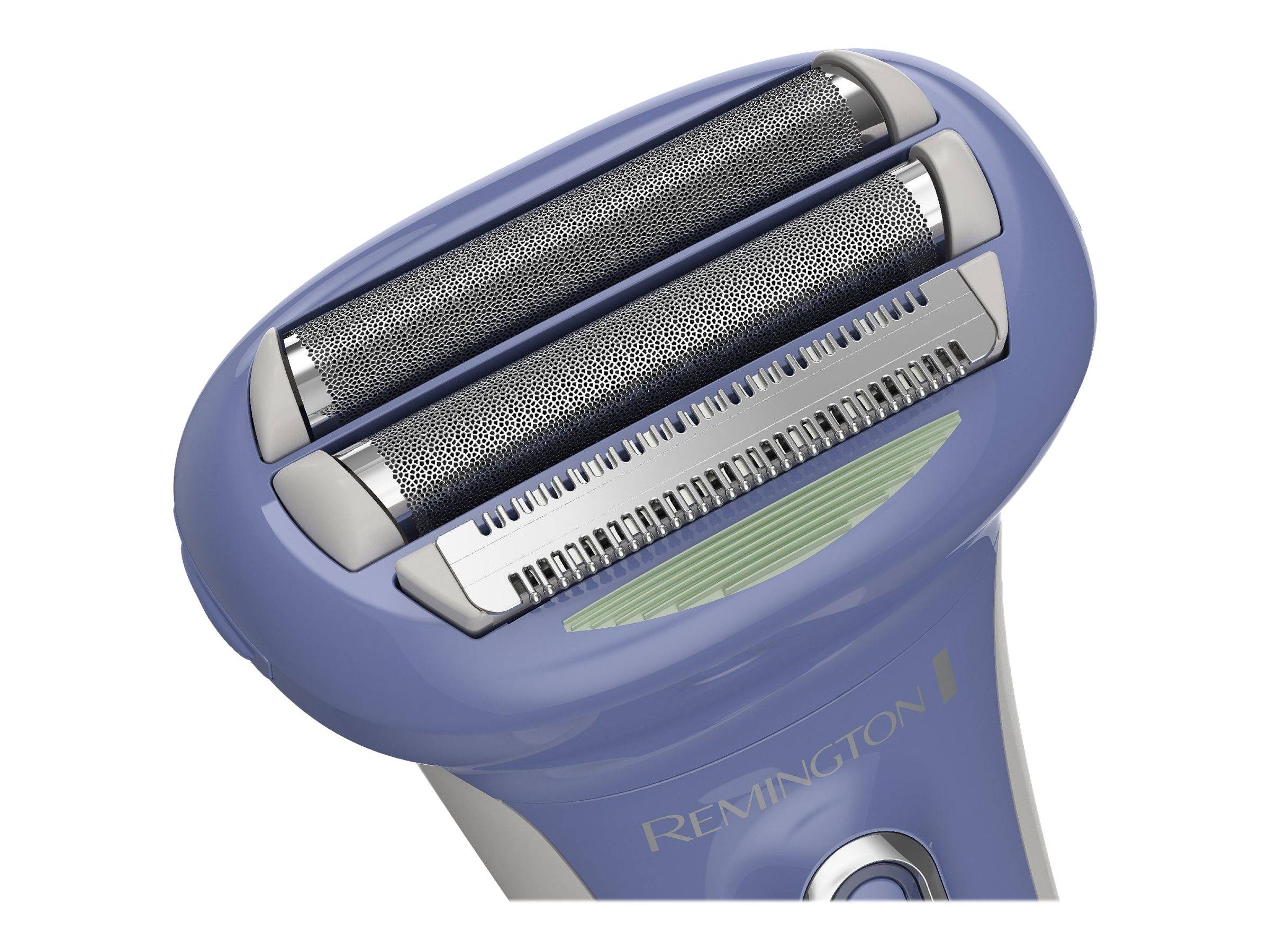 Lila elektrischer Rasierer von 'Remington' mit doppelten Scherfolien und einem dazwischenliegenden Trimmer für präzises Rasieren.