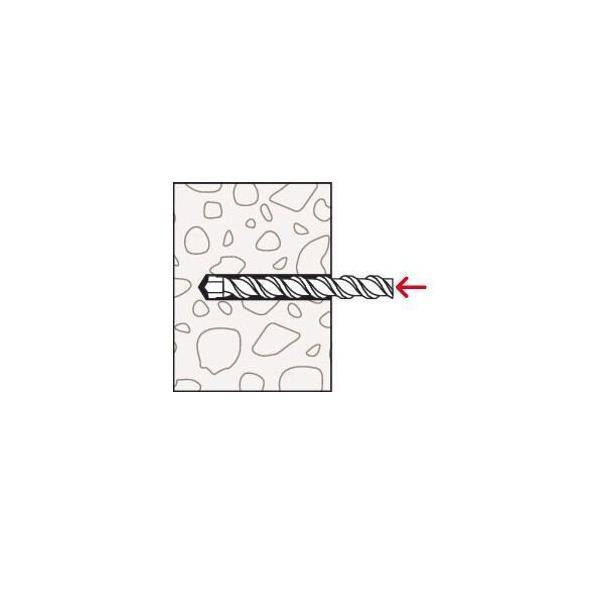 Diagramm eines horizontal in eine Steinmauer eingeführten Bohrers, mit einem roten Pfeil, der nach links auf den Bohrer zeigt, um die Bohrrichtung oder das Entfernen anzuzeigen.