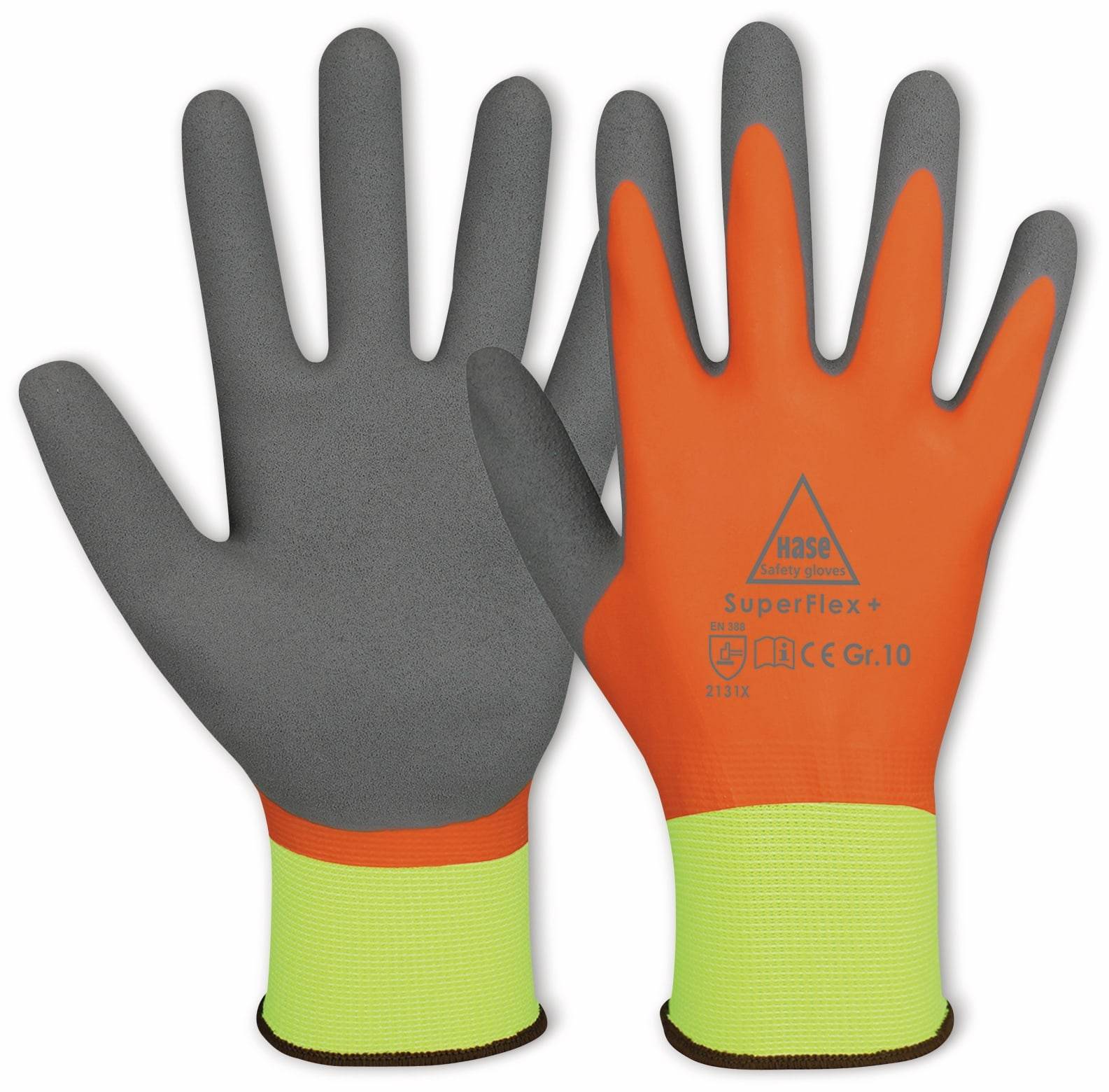 HASE SAFETY GLOVES Latex-Arbeitshandschuhe, Superflex+, EN 388, EN 420, neongeld/orange, Größe 8