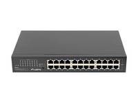 Vorderansicht eines Netzwerk-Ethernet-Switches mit vielen RJ45-Anschlüssen und Statusleuchten auf einem grauen Rack-Mount-Gerät.