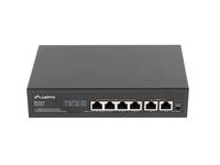 Vorderansicht eines kleinen grauen Netzwerk-Switches mit mehreren Ethernet-Anschlüssen und Statusleuchten auf der Frontplatte.