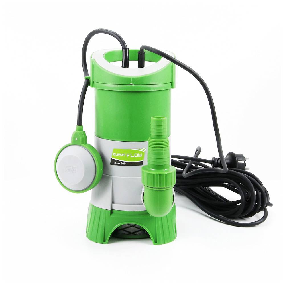 Eine grüne und silberne Tauchpumpe mit Schwimmerschalter und schwarzem Netzkabel, mit der Bezeichnung 'europFLOw Sub 400.