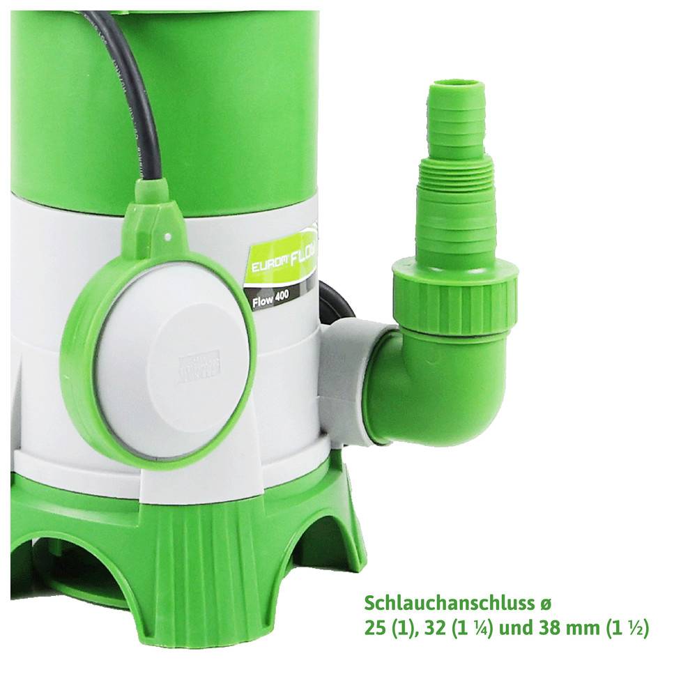 Grüne Tauchpumpe mit Schlauchanschlussdetails: Durchmesser 25 (1 Zoll), 32 (1 ¼ Zoll) und 38 mm (1 ½ Zoll).