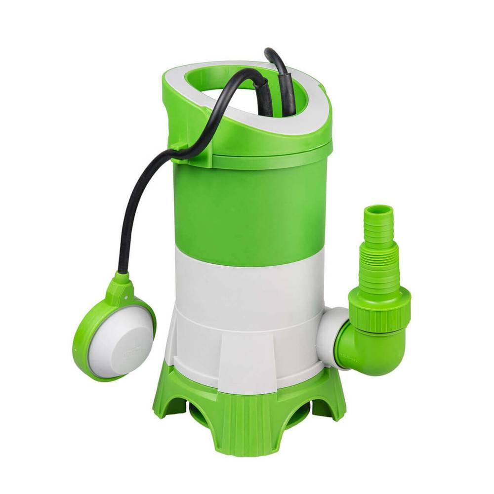 Eine grüne und weiße Wasserpumpe mit schwarzem Kabel und seitlicher Düse, zum Entwässern und Transportieren von Wasser konzipiert.