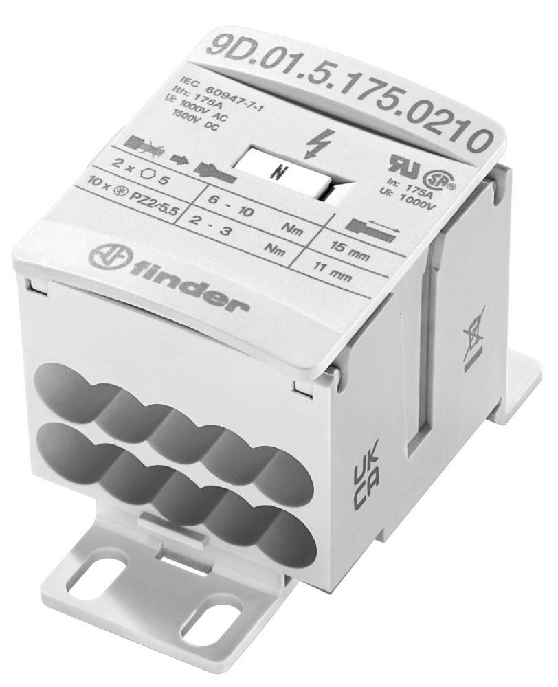Ein Finder-Relais mit elektrischen Spezifikationen: 25A, 1000V DC. Zeigt Symbole für 10x Öffnung, 10Nm Kraft, 1Nm Drehmoment, 1mm Einstellung.