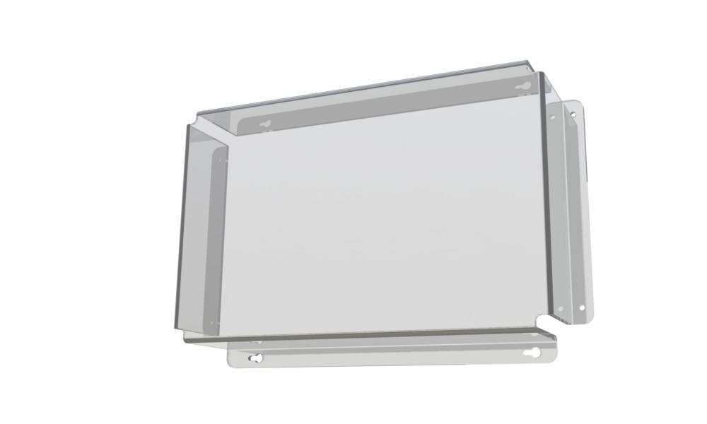 Eine transparente Acryl-Vitrine mit rechteckiger Form und offener Vorderseite, entwickelt zum Ausstellen oder Schützen von Gegenständen an einer Wand.