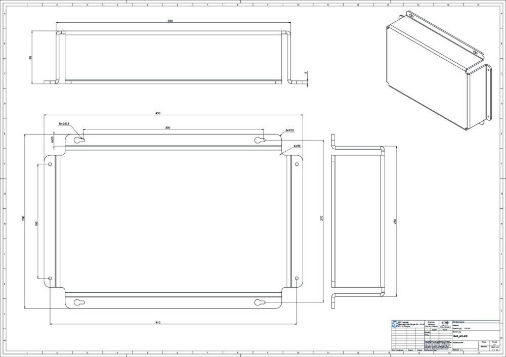 Eine technische Zeichnung eines rechteckigen Objekts mit beschrifteten Abmessungen. Front-, Seiten- und Draufsicht sind dargestellt mit Abmessungen von 300, 100 und 400.
