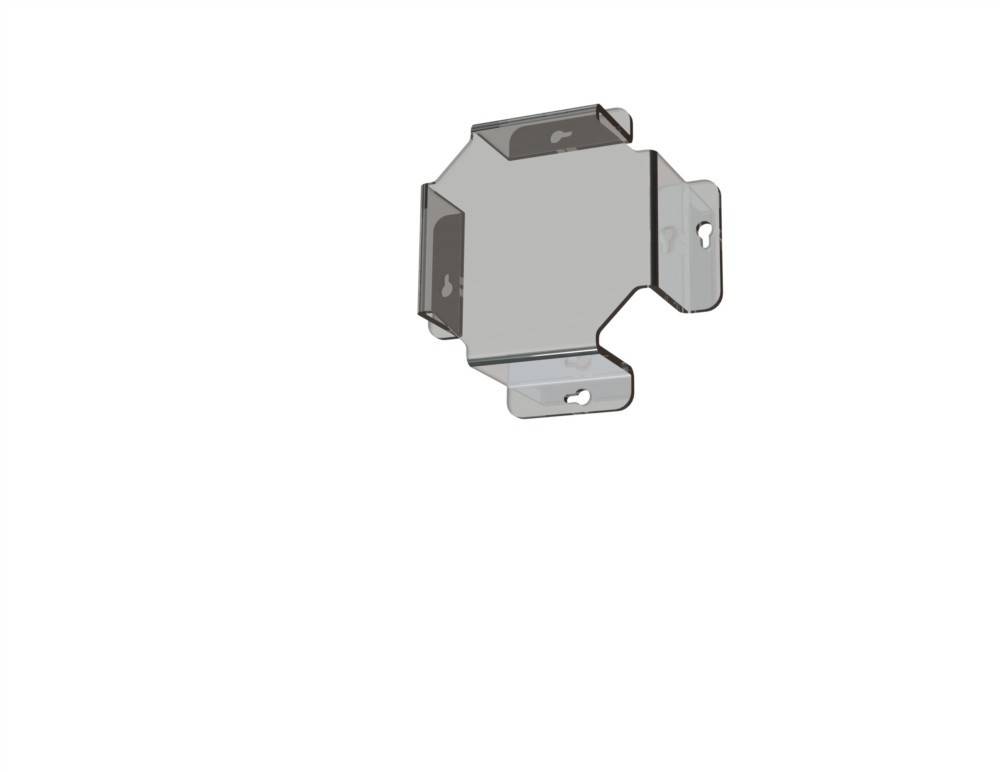 Ein Metallhalter mit vier Befestigungslöchern, konzipiert zur Wandmontage und Unterstützung, mit abgewinkelten Seiten für Stabilität.