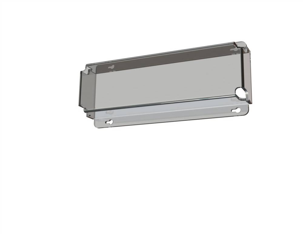 Eine transparente und rechteckige Kunststoffabdeckung mit Befestigungslöchern, die dazu dient, ein kleines Gerät oder eine Komponente zu schützen oder einzuschließen.