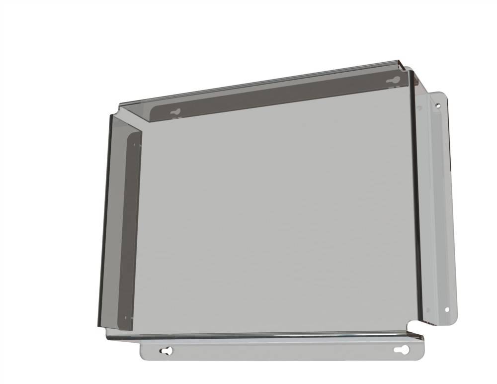 Eine graue Metallhalterung mit abgeschrägten Kanten, konzipiert zum Montieren oder zur Unterstützung, wird vor einem einfarbigen weißen Hintergrund präsentiert.