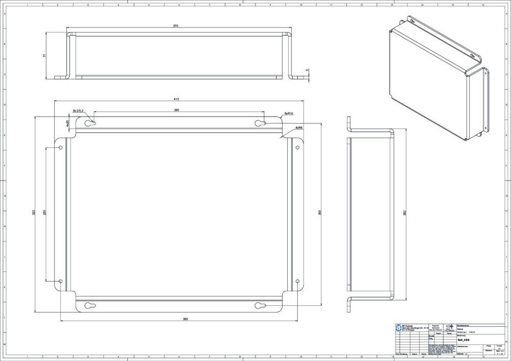 Eine technische Zeichnung, die ein rechteckiges Objekt mit Maßangaben und Anmerkungen darstellt. Verschiedene Ansichten werden gezeigt, einschließlich Draufsicht und Seitenansicht.