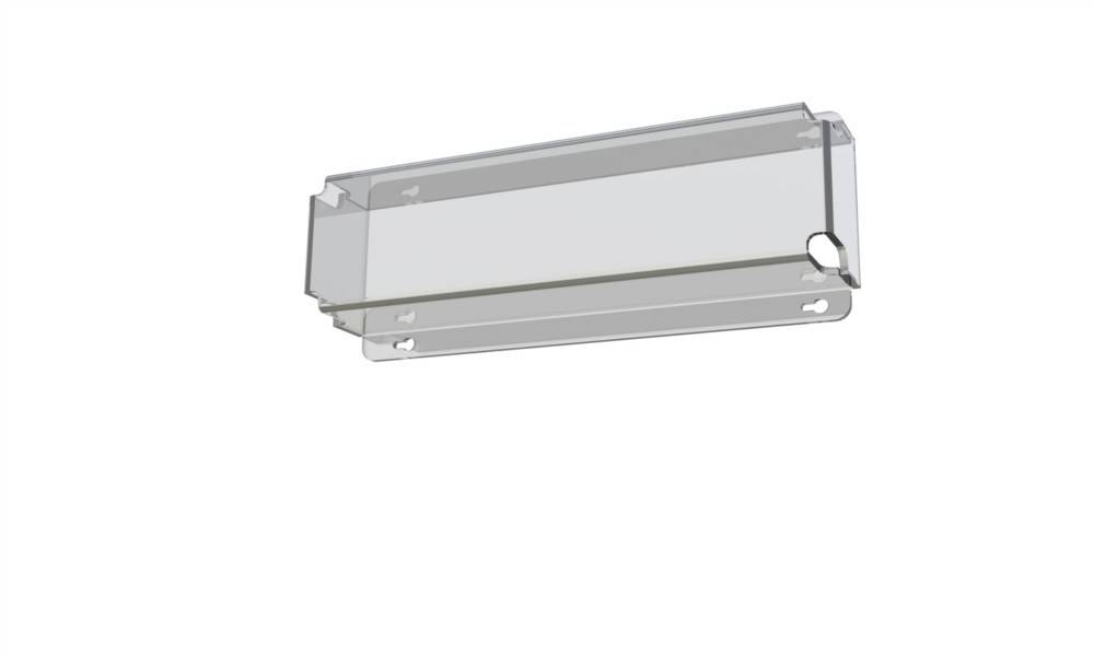 Durchsichtige Kunststoff-Dachrinnenabdeckung, in schräger Ansicht, mit Befestigungslöchern an den Seiten; entwickelt, um über Dachrinnen gelegt zu werden und Ablagerungen zu verhindern.