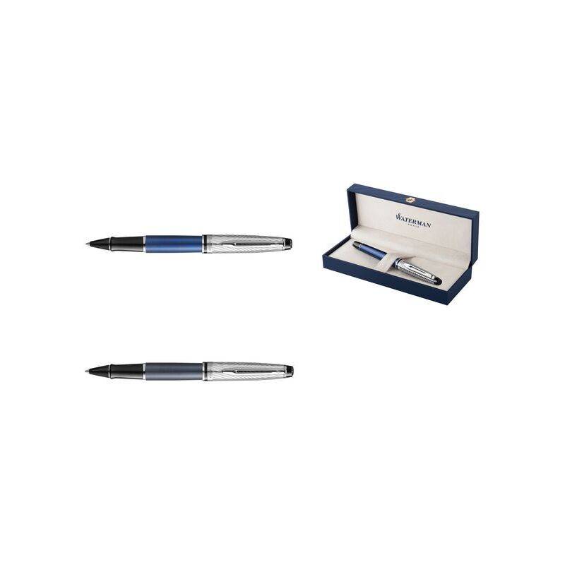 Ein luxuriöser blauer und silberner Stift wird sowohl einzeln als auch in einer Markenschachtel präsentiert.