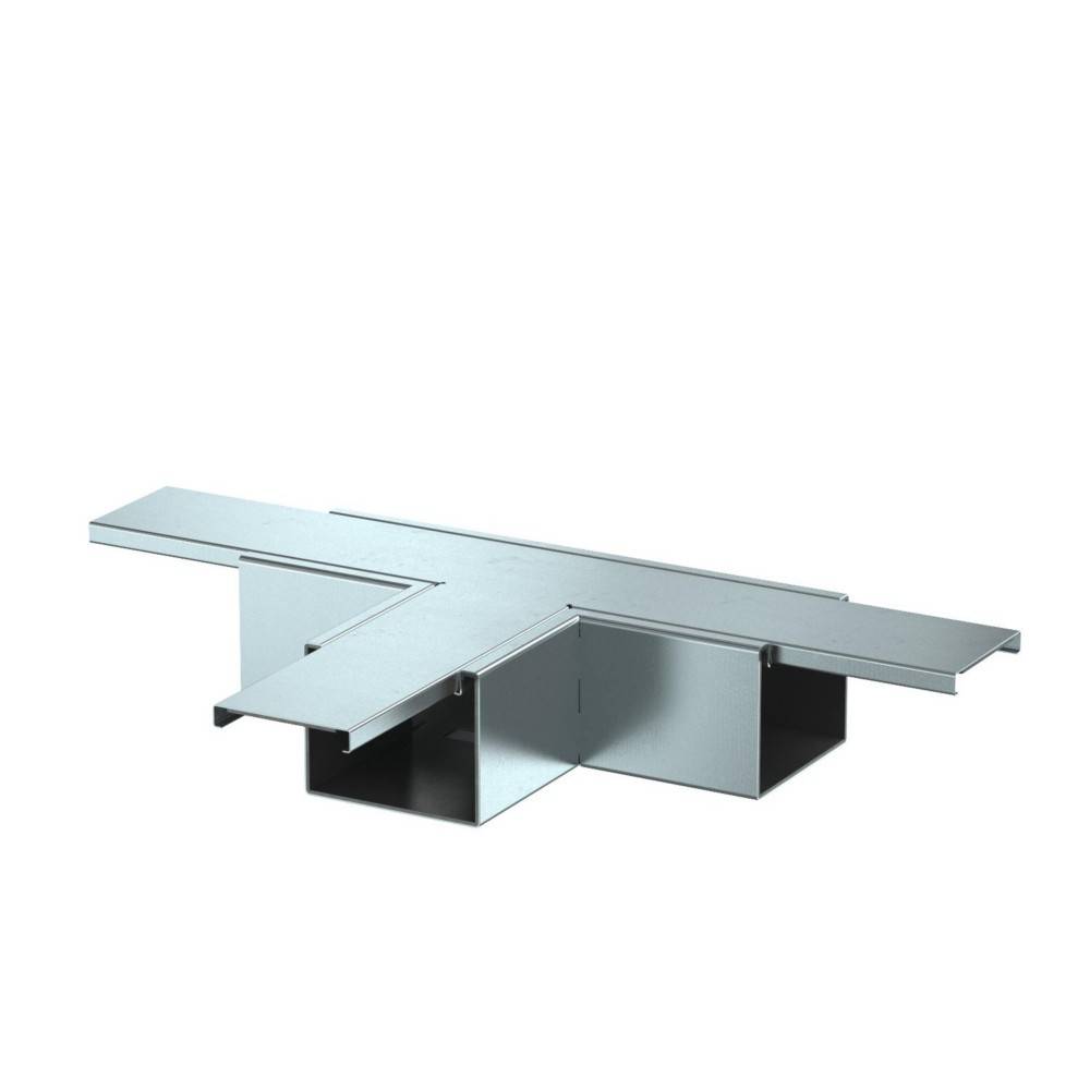 Ein metallisches T-förmiges Lüftungskanalelement mit drei offenen Enden, das zur Verbindung und Steuerung des Luftstroms in einem Kanalsystem konzipiert ist.