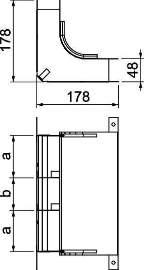 Technische Zeichnung mit Abmessungen einer Komponente, wobei die Breite mit 178 und die Höhe mit 48 gekennzeichnet ist. Verschiedene Ansichten und Winkel sind detailliert dargestellt.